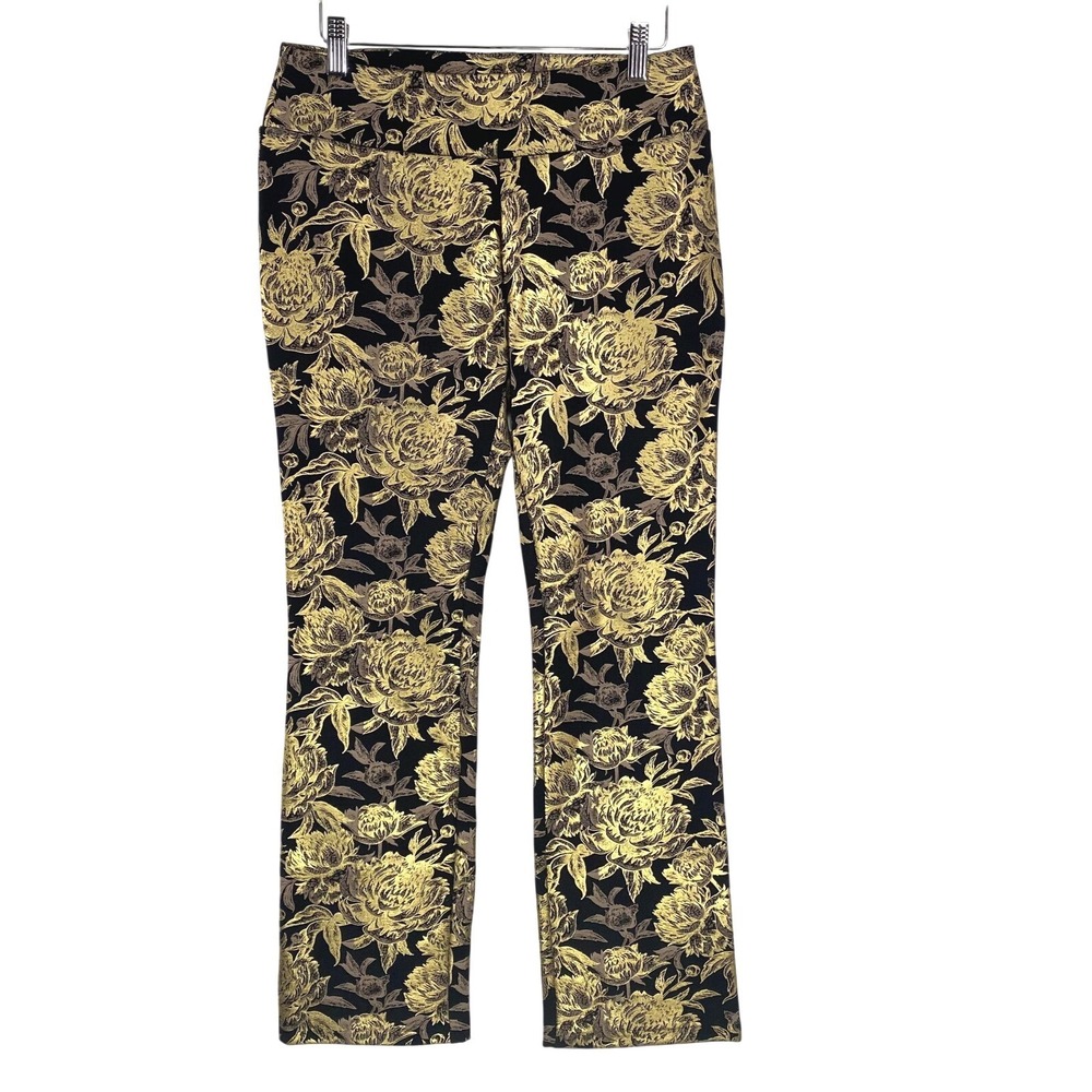 Soft Surroundings Pants Womens Small Black Gold Floral Jacquard Stretch Pull On‎
